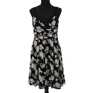 Ann Taylor Floral Dress 4 Floral Wide Straps V Neck Black White Sundress Career